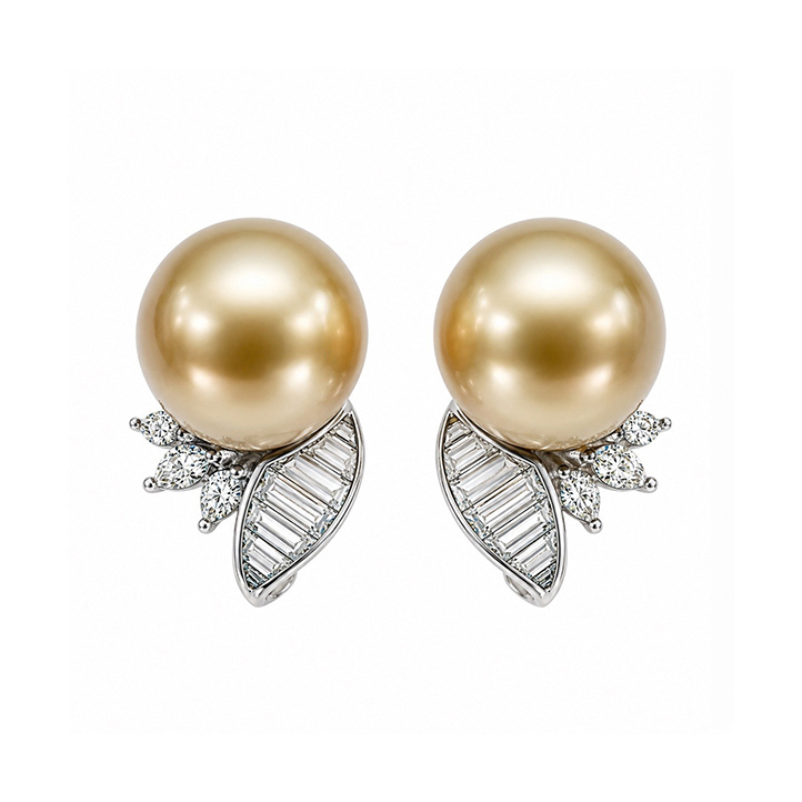 18K  Golden Pearl Diamond Earrings